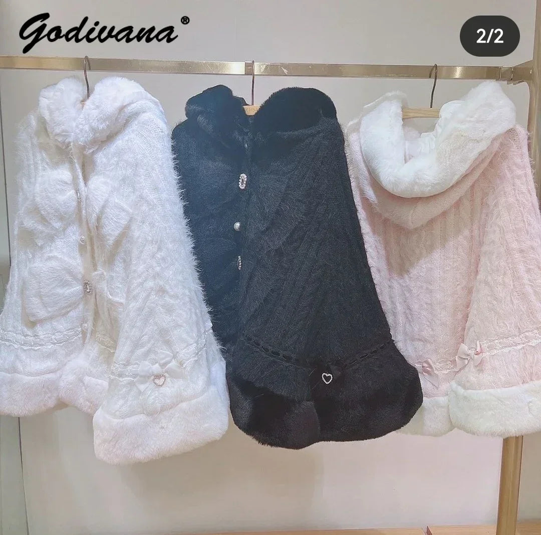 Japanese Sweet Soft Thick Womens DoubleLayer Big Ribbon Hooded Knitted Cloak Cozy Autumn  Winter Po 3