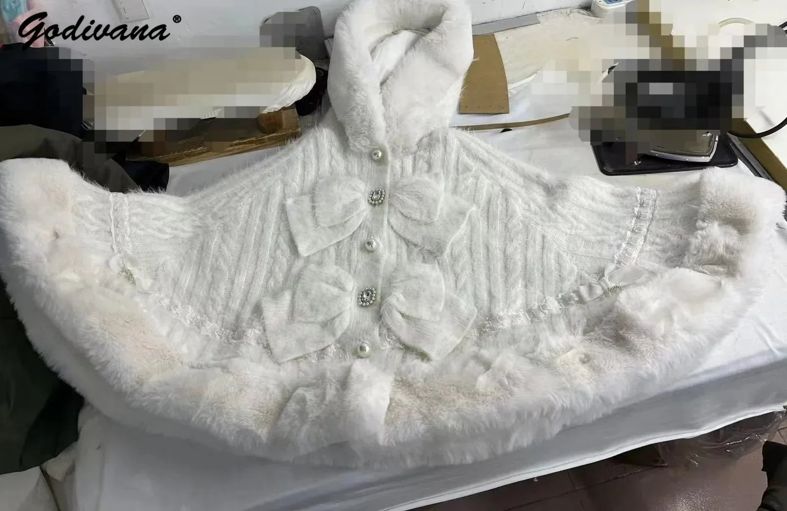 Japanese Sweet Soft Thick Womens DoubleLayer Big Ribbon Hooded Knitted Cloak Cozy Autumn  Winter Po 4