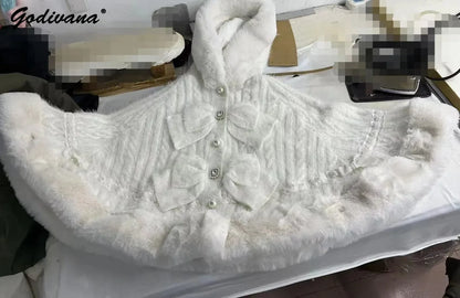 Japanese Sweet Soft Thick Womens DoubleLayer Big Ribbon Hooded Knitted Cloak Cozy Autumn  Winter Po 4