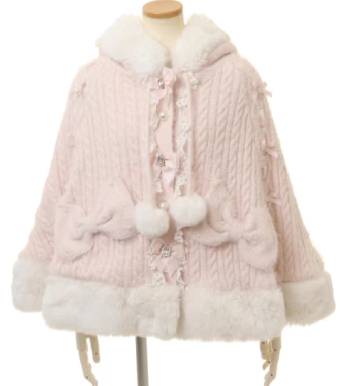 Japanese Sweet Soft Thick Womens DoubleLayer Big Ribbon Hooded Knitted Cloak Cozy Autumn  Winter Po 5