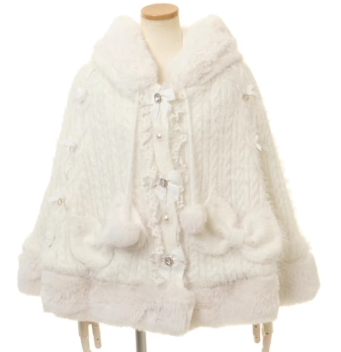 Japanese Sweet Soft Thick Womens DoubleLayer Big Ribbon Hooded Knitted Cloak Cozy Autumn  Winter Po 6