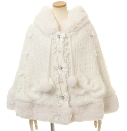 Japanese Sweet Soft Thick Womens DoubleLayer Big Ribbon Hooded Knitted Cloak Cozy Autumn  Winter Po 6