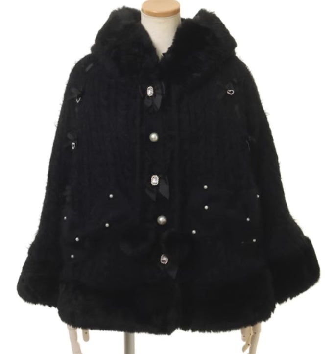 Japanese Sweet Soft Thick Women's Double-Layer Big Ribbon Hooded Knitted Cloak, Cozy Autumn & Winter Ponchos with Hood