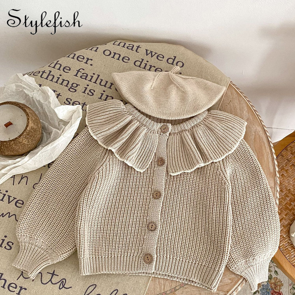 Girl Baby Fashion Ruffle Collar Knitted Coat Small Cardigan Sweater Top for Spring and Autumn Infants