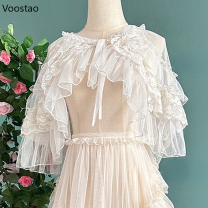 Sweet Kawaii Lolita Short Shawl Coat Women Lace Mesh Gothic Retro Cute Princess Capes Open Front Po 5