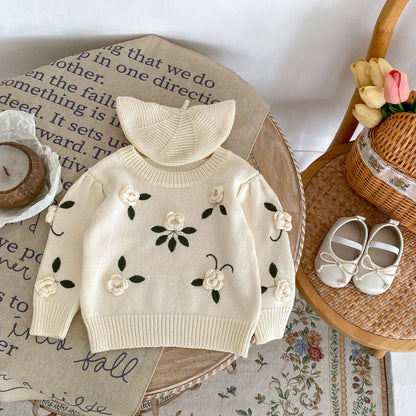 Knitted Handmade Flower Infant Girls Sweater Autumn Baby Girls Sweater Cotton Embroidery Pullover, Cozy Toddler Girls