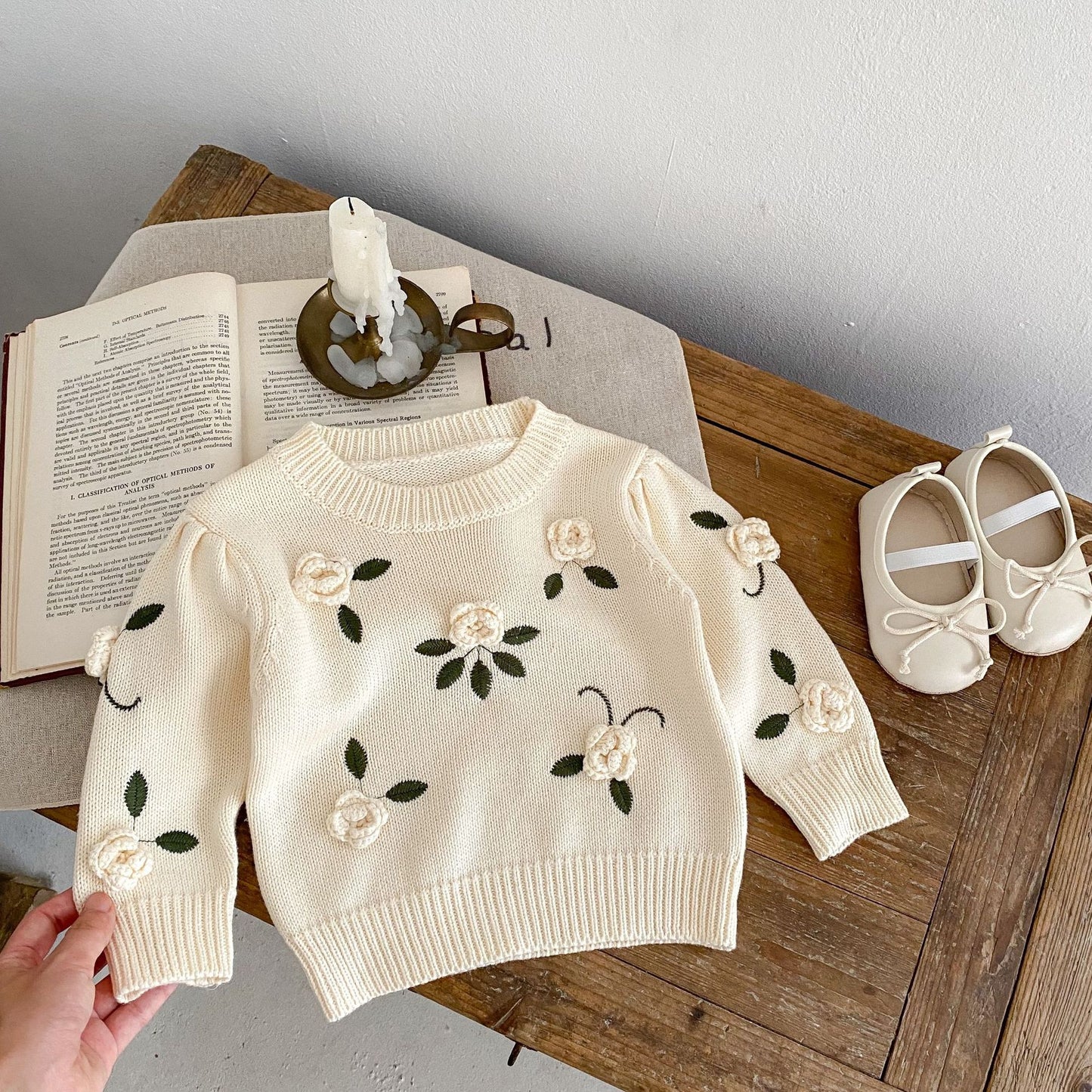 Knitted Handmade Flower Infant Girls Sweater Autumn Baby Girls Sweater Cotton Embroidery Pullover, Cozy Toddler Girls
