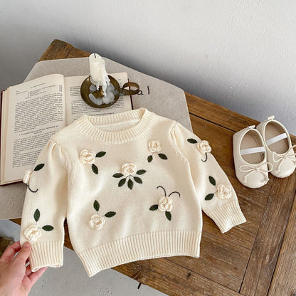 Knitted Handmade Flower Infant Girls Sweater Autumn Baby Girls Sweater Cotton Embroidery Pullover, Cozy Toddler Girls