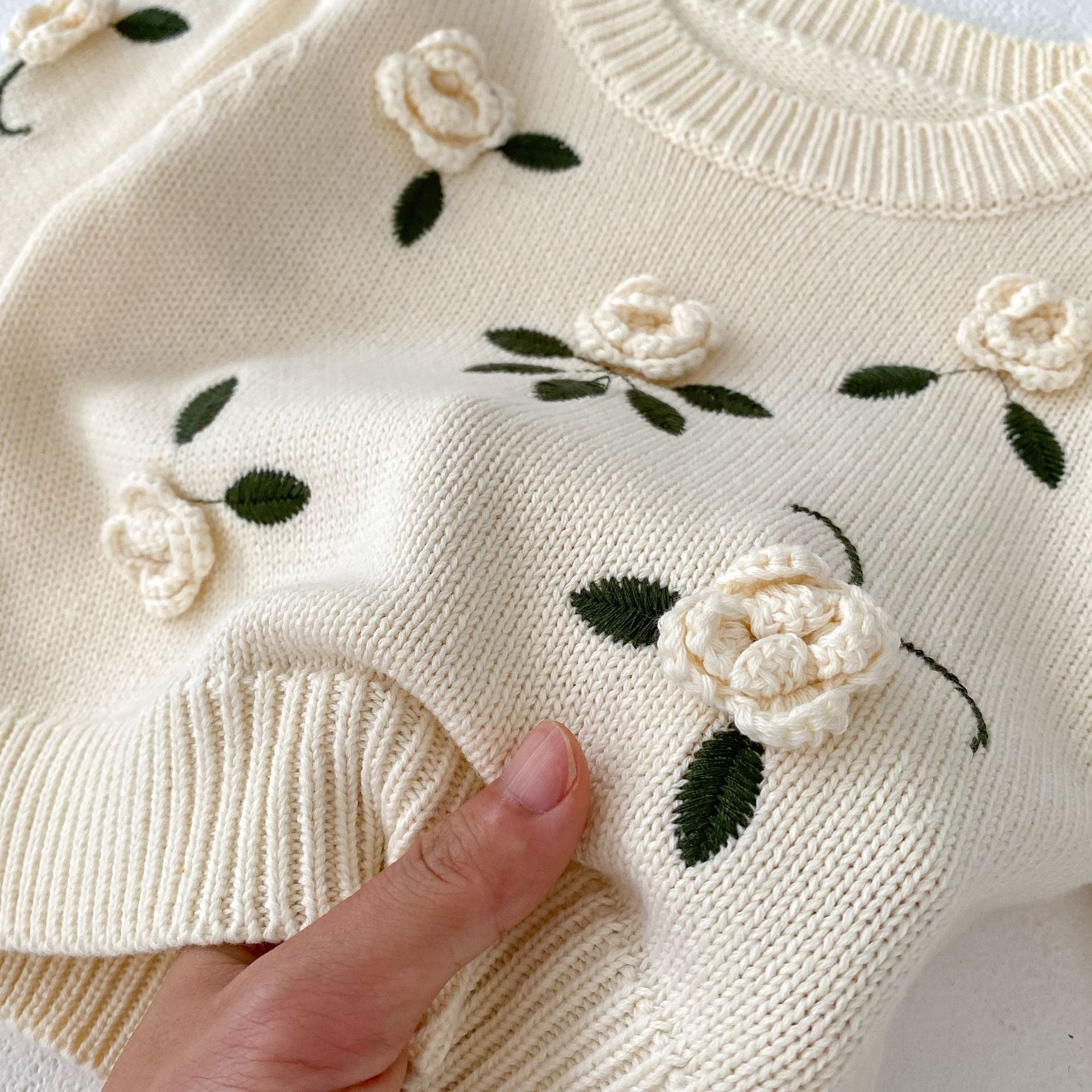 Knitted Handmade Flower Infant Girls Sweater Autumn Baby Girls Sweater Cotton Embroidery Pullover, Cozy Toddler Girls