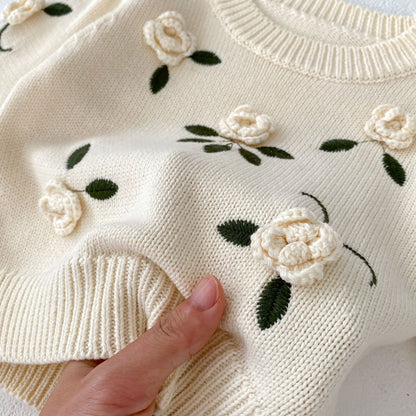 Knitted Handmade Flower Infant Girls Sweater Autumn Baby Girls Sweater Cotton Embroidery Pullover, Cozy Toddler Girls