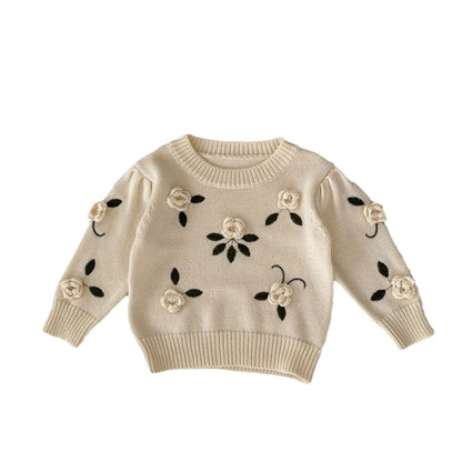 Knitted Handmade Flower Infant Girls Sweater Autumn Baby Girls Sweater Cotton Embroidery Pullover, Cozy Toddler Girls