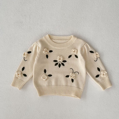 Knitted Handmade Flower Infant Girls Sweater Autumn Baby Girls Sweater Cotton Embroidery Pullover, Cozy Toddler Girls