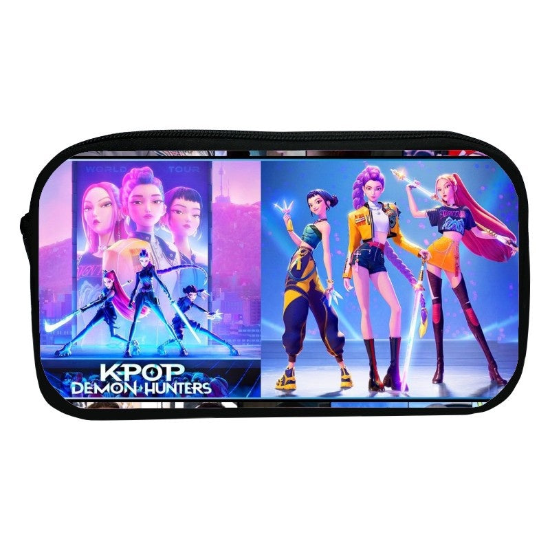 Demon Hunters KPop School Pencil Case, Large Retro Zipper Pouch for Boys & Girls to Organize Pens, Markers & Stationery