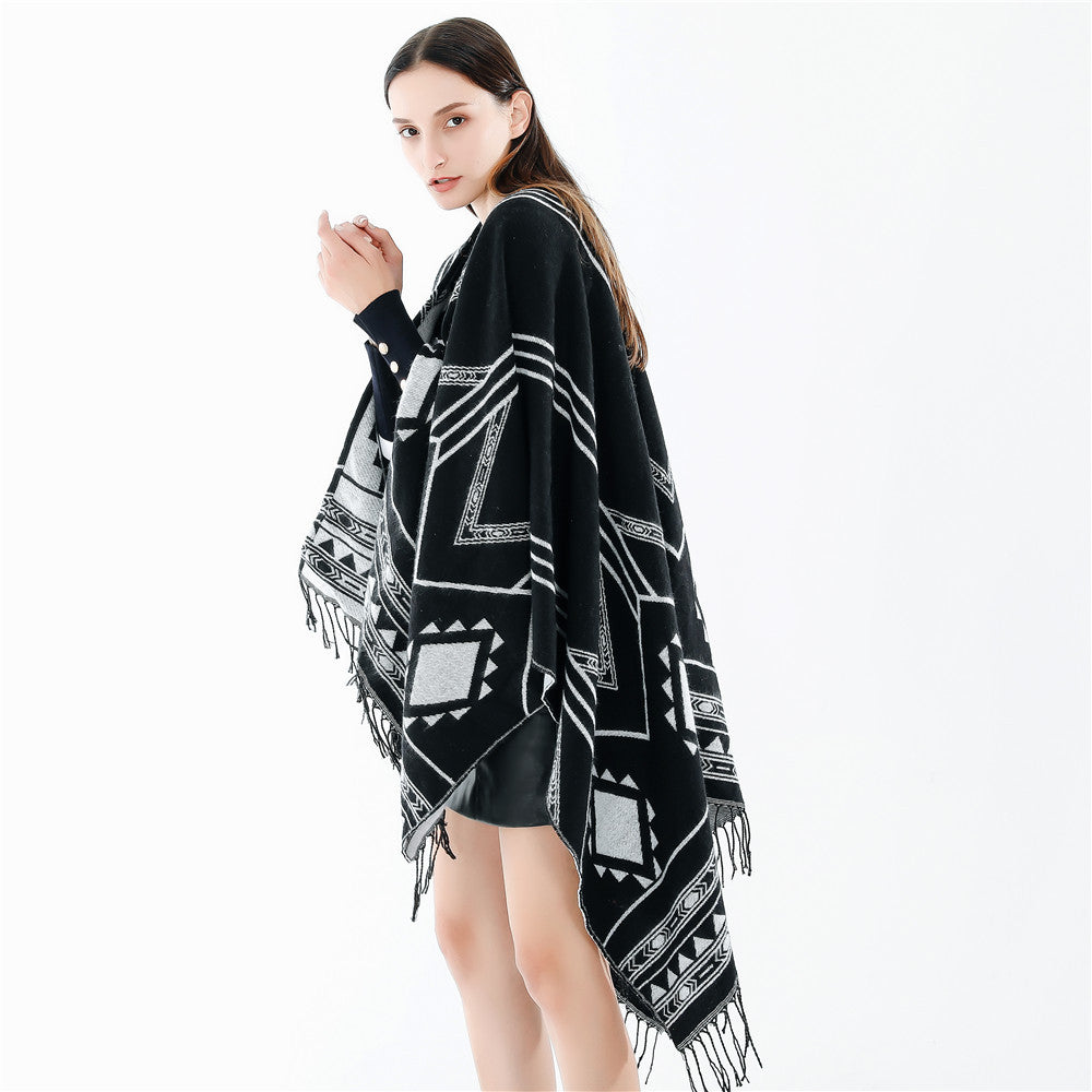 Women Shawl Wrap Geometric Tassel Poncho Cape for Office Travel and Cool Evenings