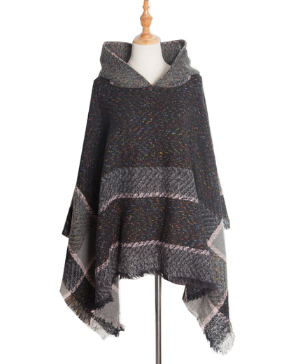 Elegant Autumn Winter Fishbone Pattern Womens Hooded Cape Pullover Poncho Black Cloak Cozy Fashion  1