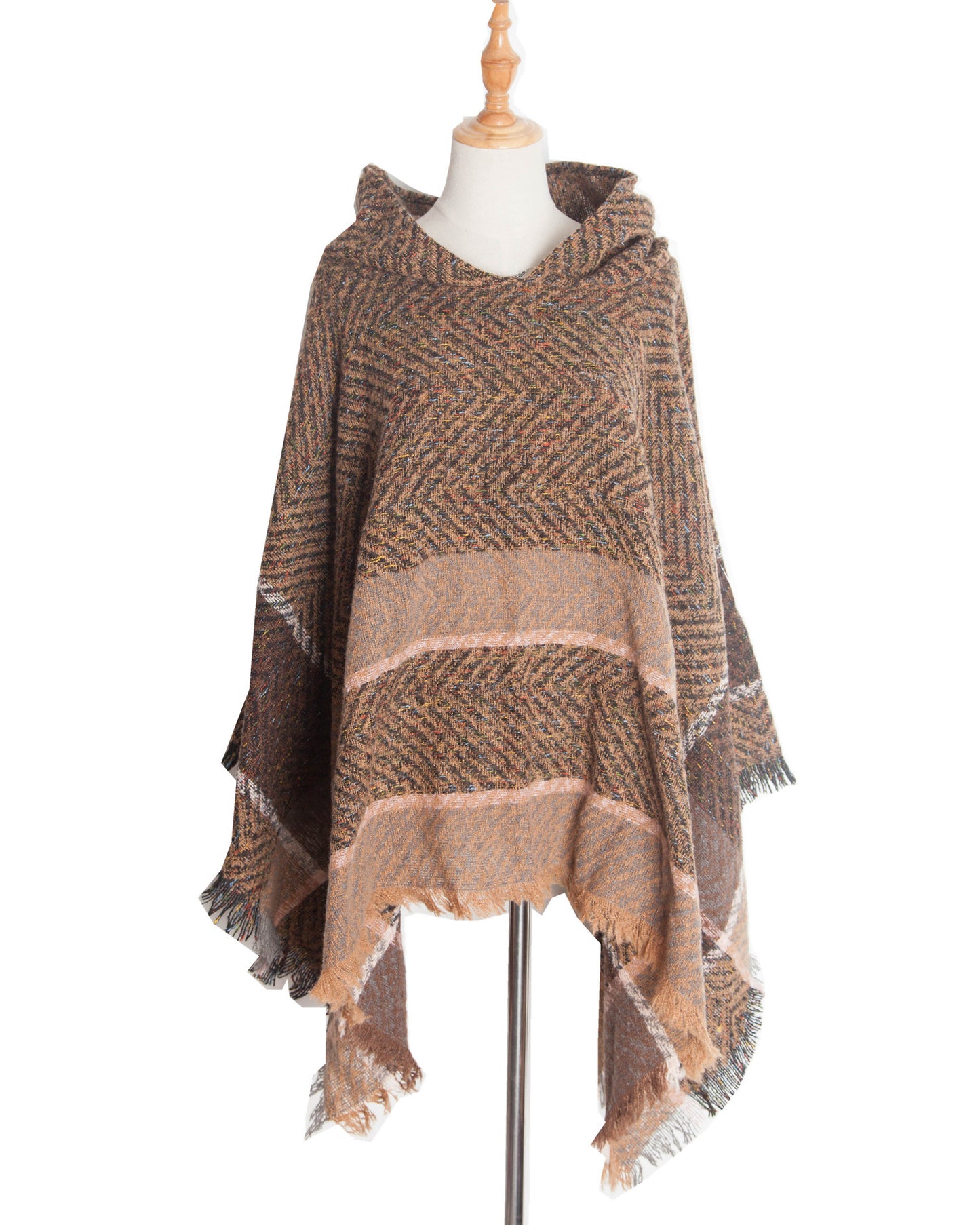 Elegant Autumn Winter Fishbone Pattern Womens Hooded Cape Pullover Poncho Black Cloak Cozy Fashion  3