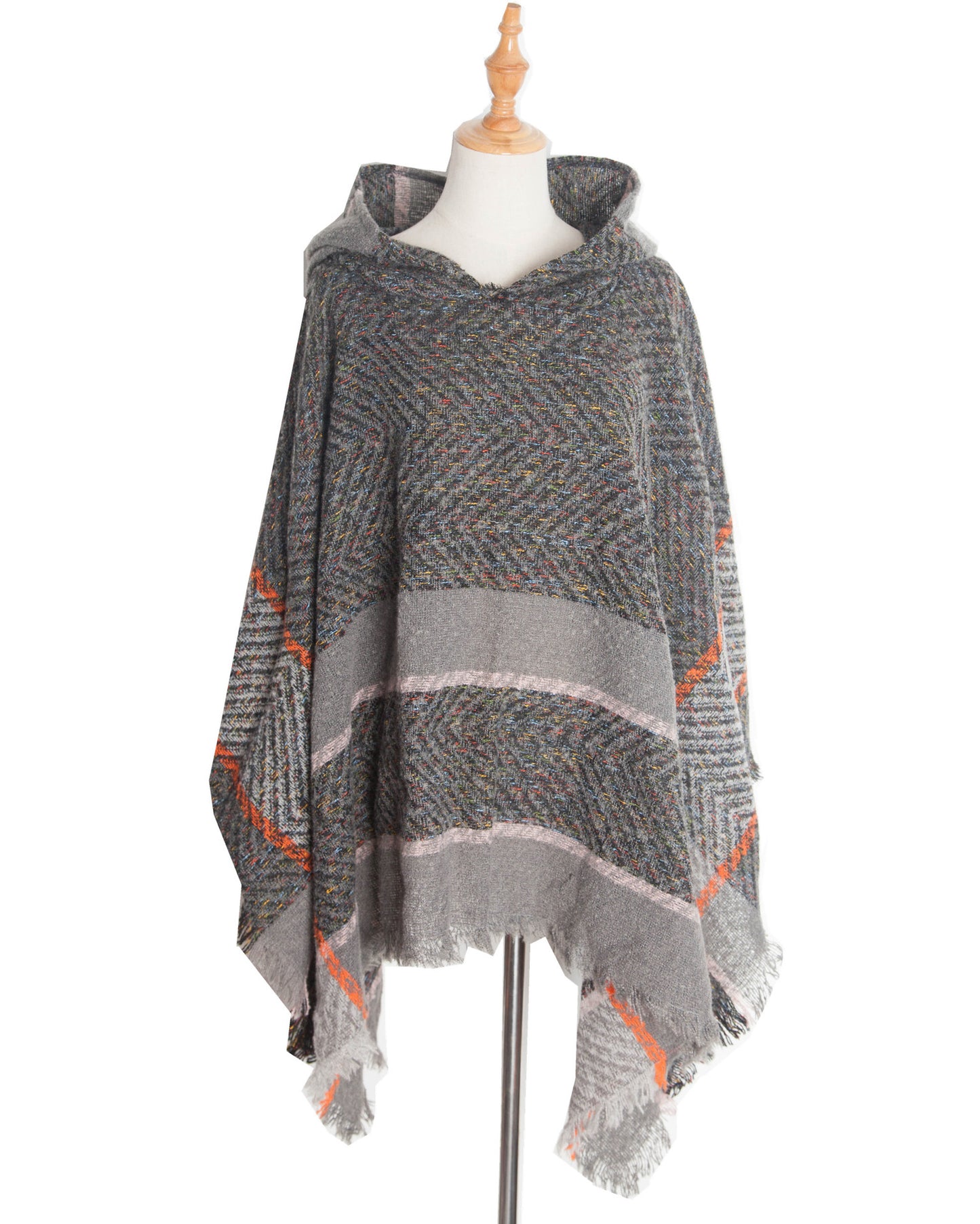 Elegant Autumn Winter Fishbone Pattern Womens Hooded Cape Pullover Poncho Black Cloak Cozy Fashion  4