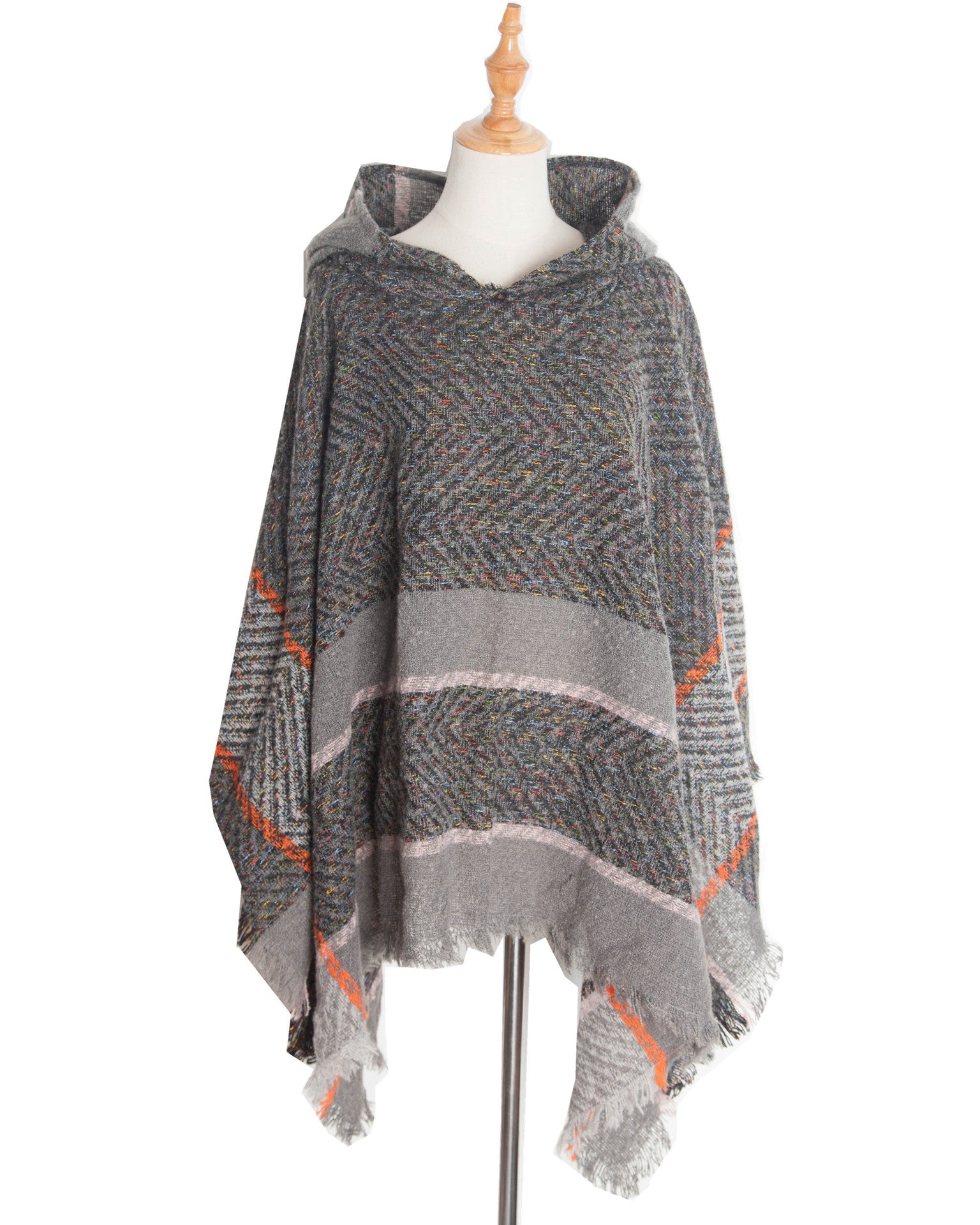 Elegant Autumn Winter Fishbone Pattern Womens Hooded Cape Pullover Poncho Black Cloak Cozy Fashion  4