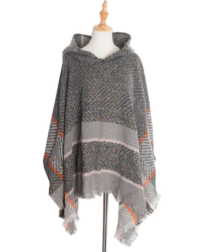 Elegant Autumn Winter Fishbone Pattern Womens Hooded Cape Pullover Poncho Black Cloak Cozy Fashion  4