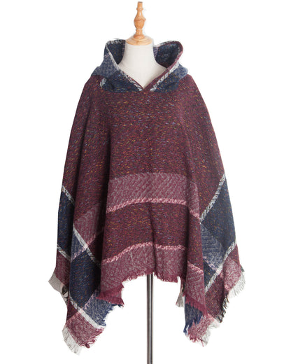 Elegant Autumn Winter Fishbone Pattern Womens Hooded Cape Pullover Poncho Black Cloak Cozy Fashion  5