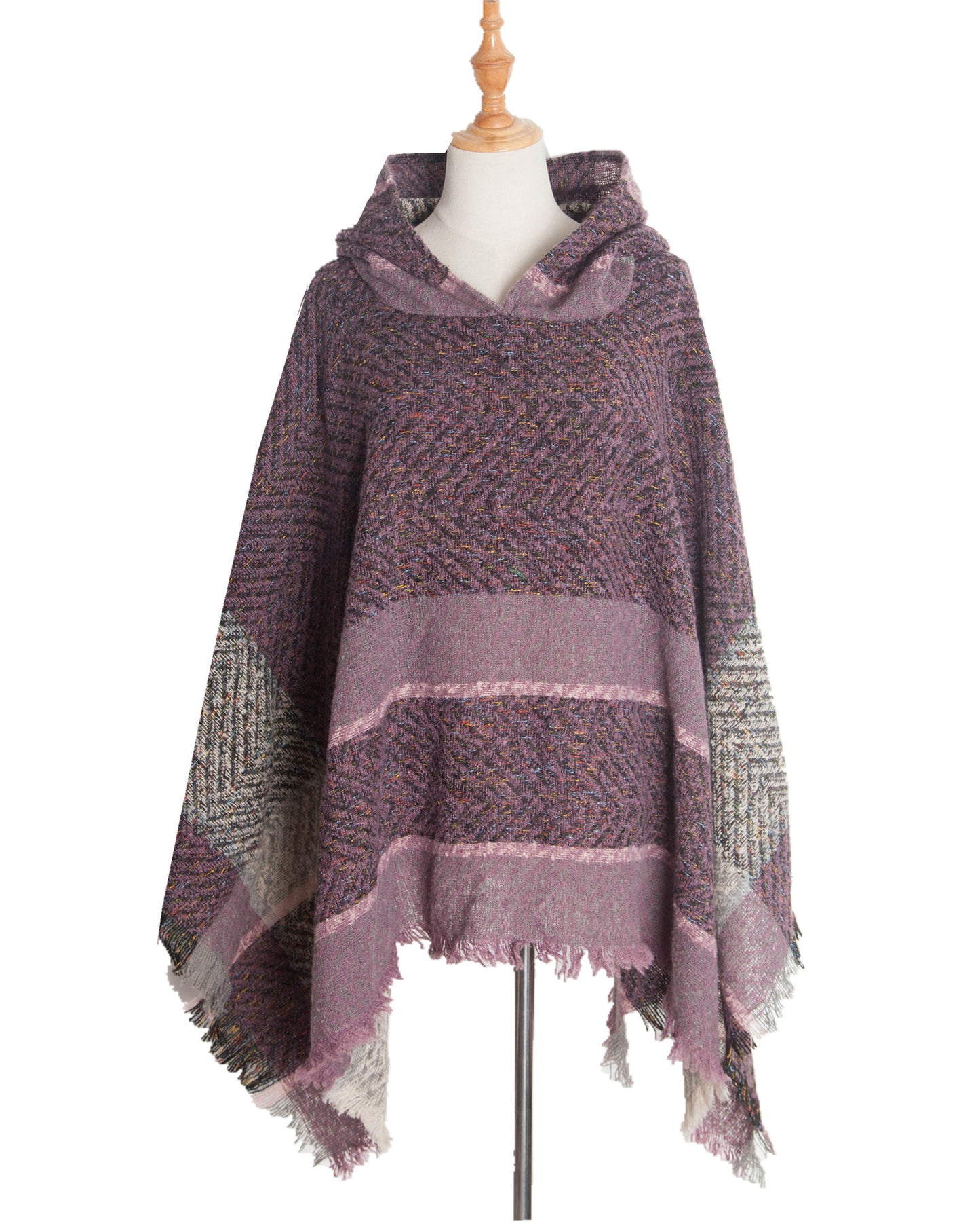 Elegant Autumn Winter Fishbone Pattern Womens Hooded Cape Pullover Poncho Black Cloak Cozy Fashion  6