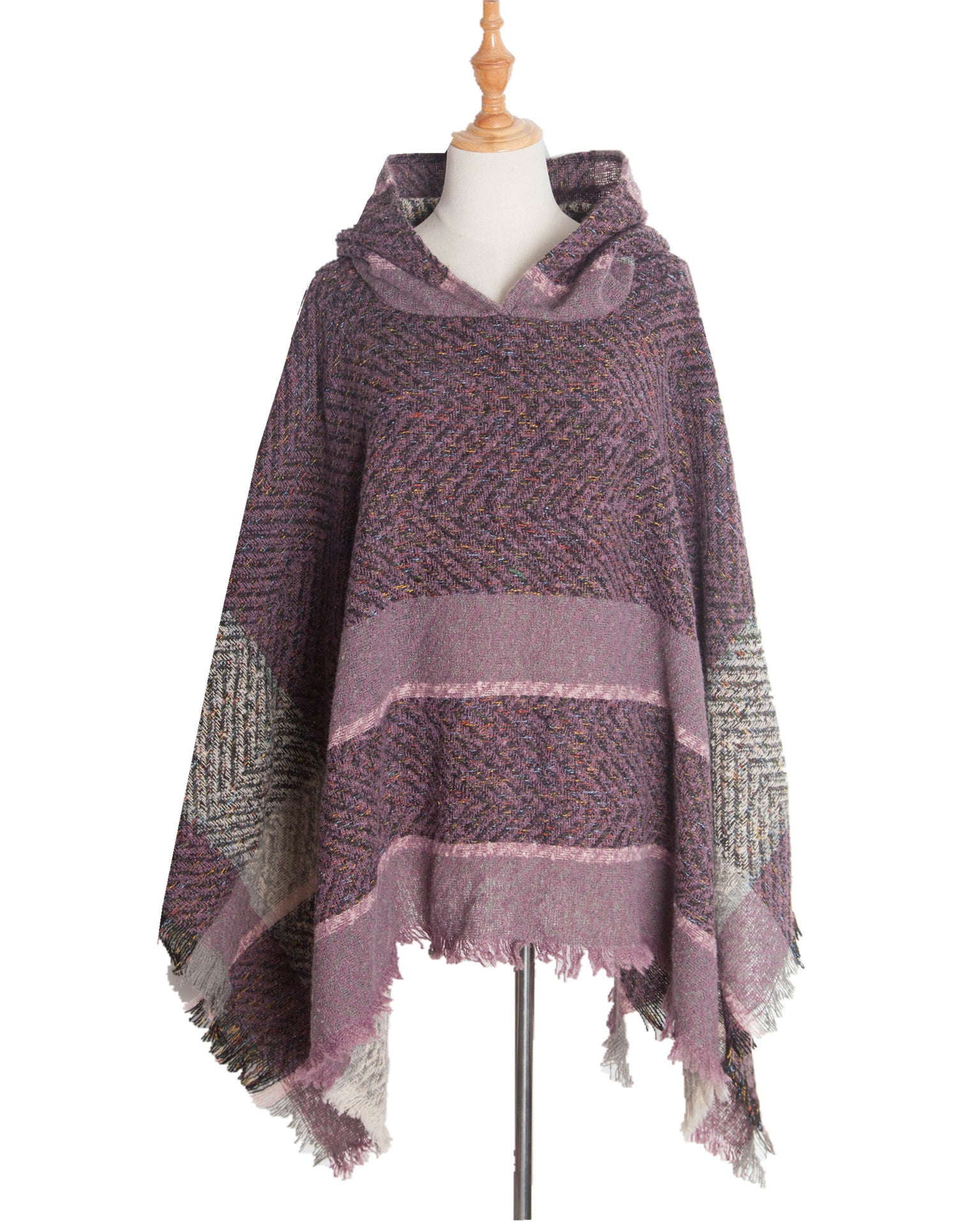 Elegant Autumn Winter Fishbone Pattern Womens Hooded Cape Pullover Poncho Black Cloak Cozy Fashion  6