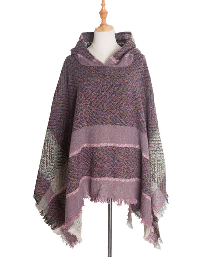 Elegant Autumn Winter Fishbone Pattern Womens Hooded Cape Pullover Poncho Black Cloak Cozy Fashion  6