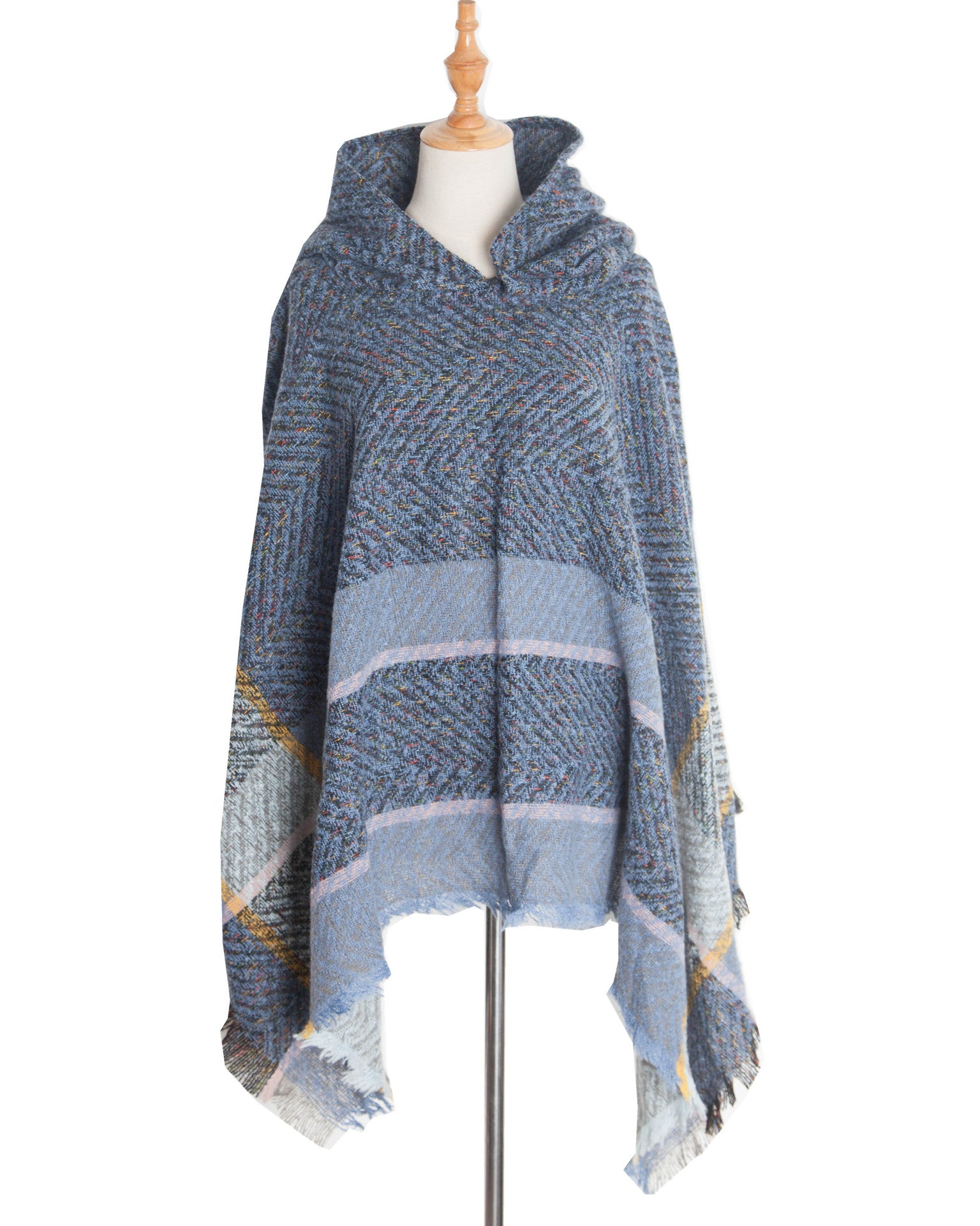 Elegant Autumn Winter Fishbone Pattern Womens Hooded Cape Pullover Poncho Black Cloak Cozy Fashion  7