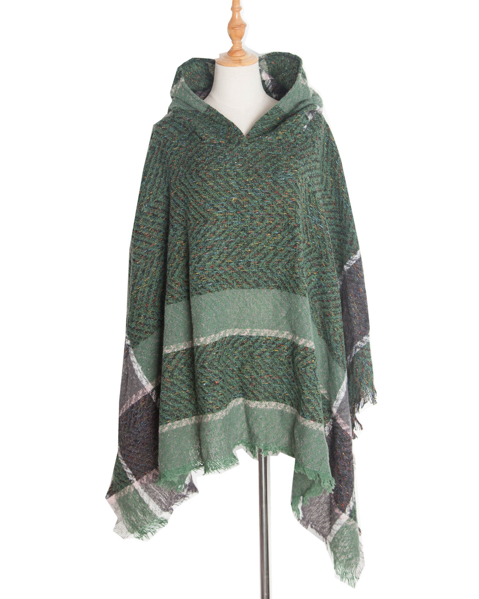 Elegant Autumn Winter Fishbone Pattern Womens Hooded Cape Pullover Poncho Black Cloak Cozy Fashion  8