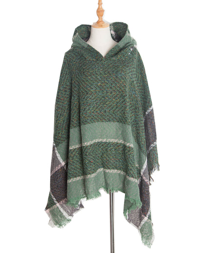 Elegant Autumn Winter Fishbone Pattern Womens Hooded Cape Pullover Poncho Black Cloak Cozy Fashion  8