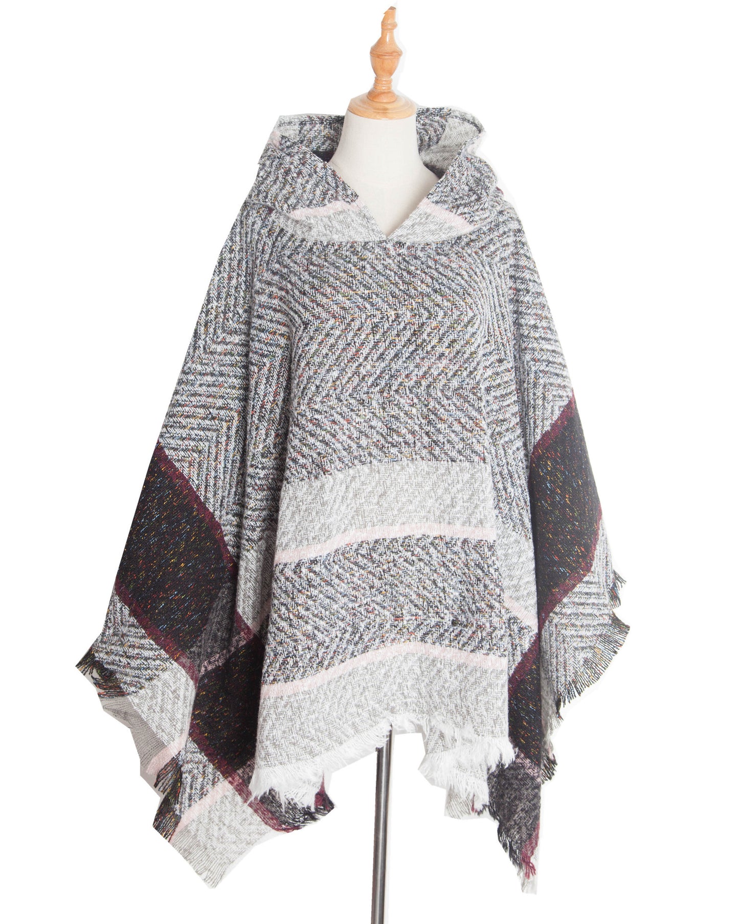 Elegant Autumn Winter Fishbone Pattern Womens Hooded Cape Pullover Poncho Black Cloak, Cozy Fashion Poncho for Ladies