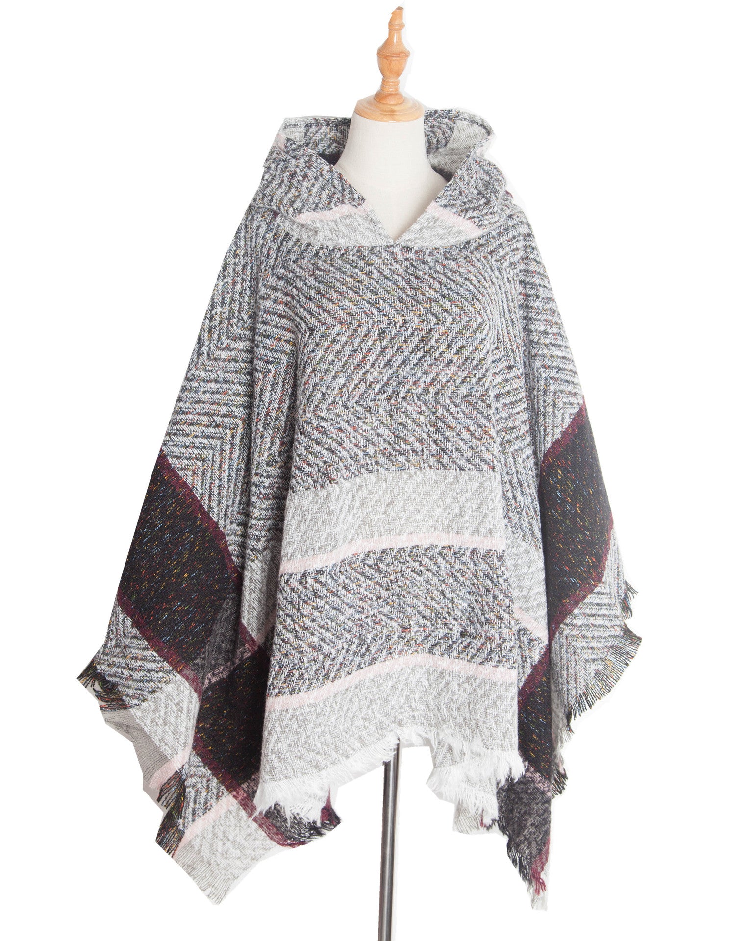 Elegant Autumn Winter Fishbone Pattern Womens Hooded Cape Pullover Poncho Black Cloak, Cozy Fashion Poncho for Ladies