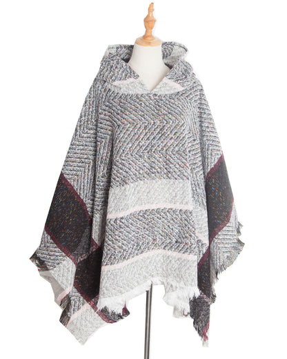 Elegant Autumn Winter Fishbone Pattern Womens Hooded Cape Pullover Poncho Black Cloak, Cozy Fashion Poncho for Ladies