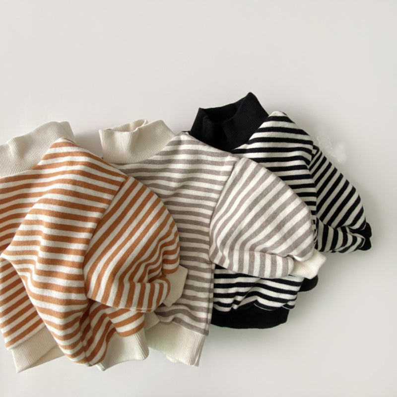 Baby Girls Striped Tops Autumn Winter Thick Warm High Neck Sweatshirt Cotton Clothes for Toddler Boys Tees Cozy