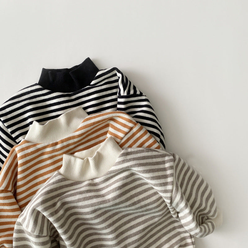 Baby Girls Striped Tops Autumn Winter Thick Warm High Neck Sweatshirt Cotton Clothes for Toddler Boys Tees Cozy