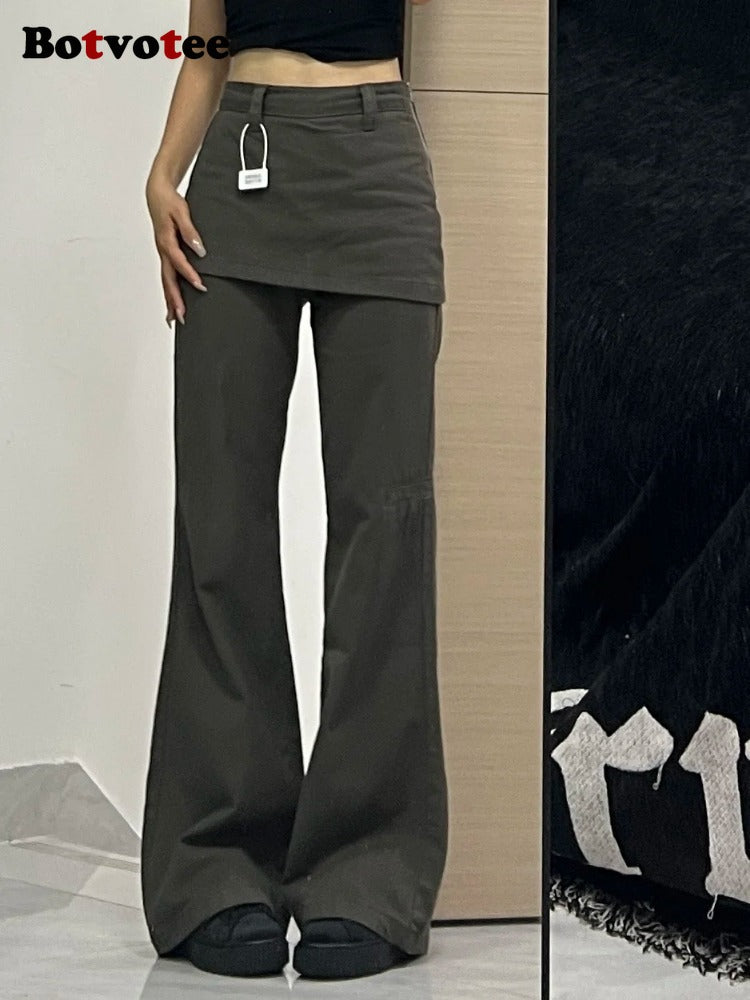 Botvotee Fake Two Piece Plus Size Wide Leg Jeans Women New Y2K Streetwear, High Waisted Flare Denim Pants Fashion