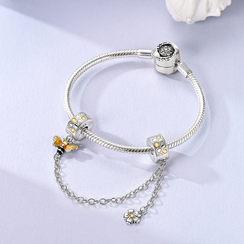 Sterling Silver Safety Chain Beads Aircraft Earth Camera Daisy Silicone Charms for Original Bracelets DIY Jewelry Women
