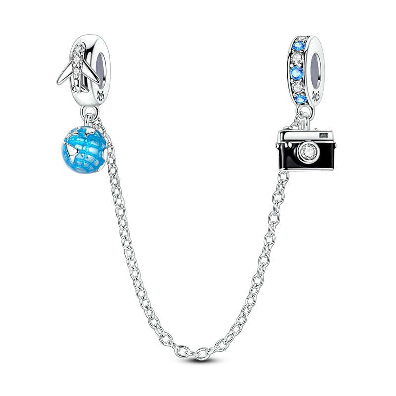 Sterling Silver Safety Chain Beads Aircraft Earth Camera Daisy Silicone Charms for Original Bracelets DIY Jewelry Women