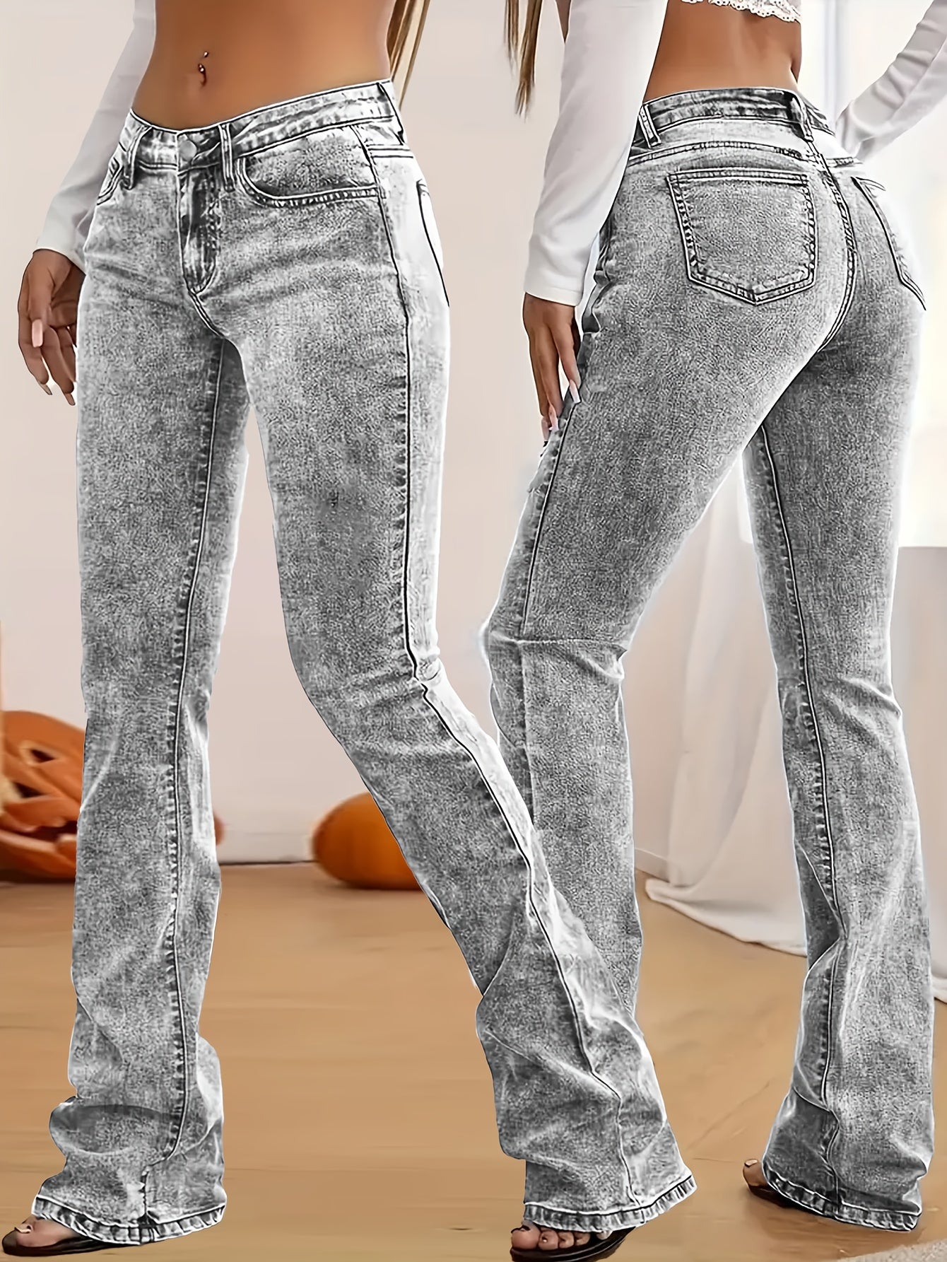 Gray Low Rise Slim Fit Bootcut Jeans Fashion Women, Y2K Style Snow Wash Denim Pants, Elegant Streetwear Look