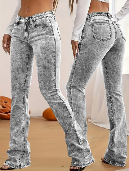 Gray Low Rise Slim Fit Bootcut Jeans Fashion Women, Y2K Style Snow Wash Denim Pants, Elegant Streetwear Look