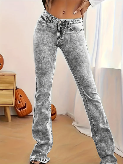 Gray Low Rise Slim Fit Bootcut Jeans Fashion Women, Y2K Style Snow Wash Denim Pants, Elegant Streetwear Look