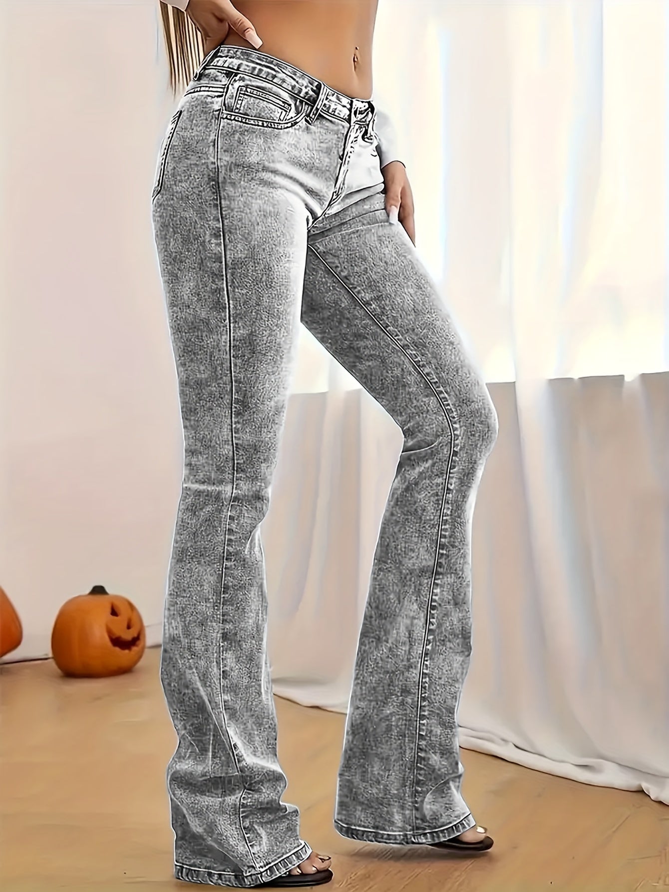 Gray Low Rise Slim Fit Bootcut Jeans Fashion Women, Y2K Style Snow Wash Denim Pants, Elegant Streetwear Look