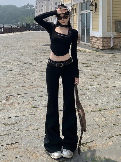 High Quality Korean Low Rise Bell Bottom Jeans, Winter Women Simple Flared Pants, Y2K Cowboy Skinny Denim Bootcut