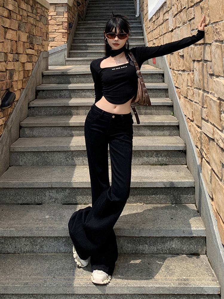 High Quality Korean Low Rise Bell Bottom Jeans Winter Women Simple Flared Pants Y2K Cowboy Skinny D 1