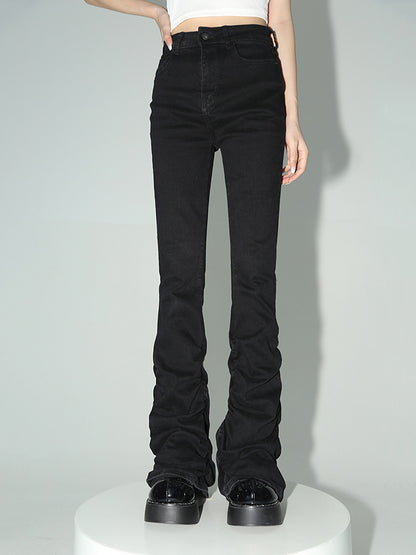 Stacked Flare Jeans Women Black Trousers with Solid Stretch, High Rise Boot Cut Pants in Goth Retro Japanese Korean Y2k