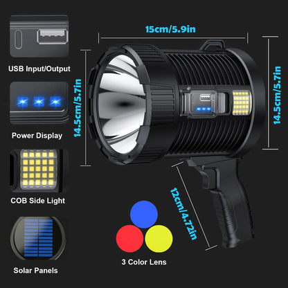 Rechargeable Spotlight 900000 Lumens LED Handheld Flashlight With Solar Charging 3