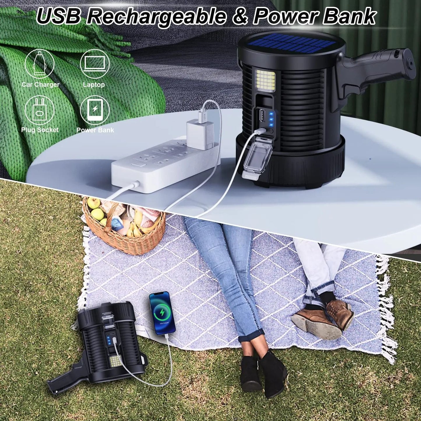 Rechargeable Spotlight 900000 Lumens LED Handheld Flashlight With Solar Charging 4