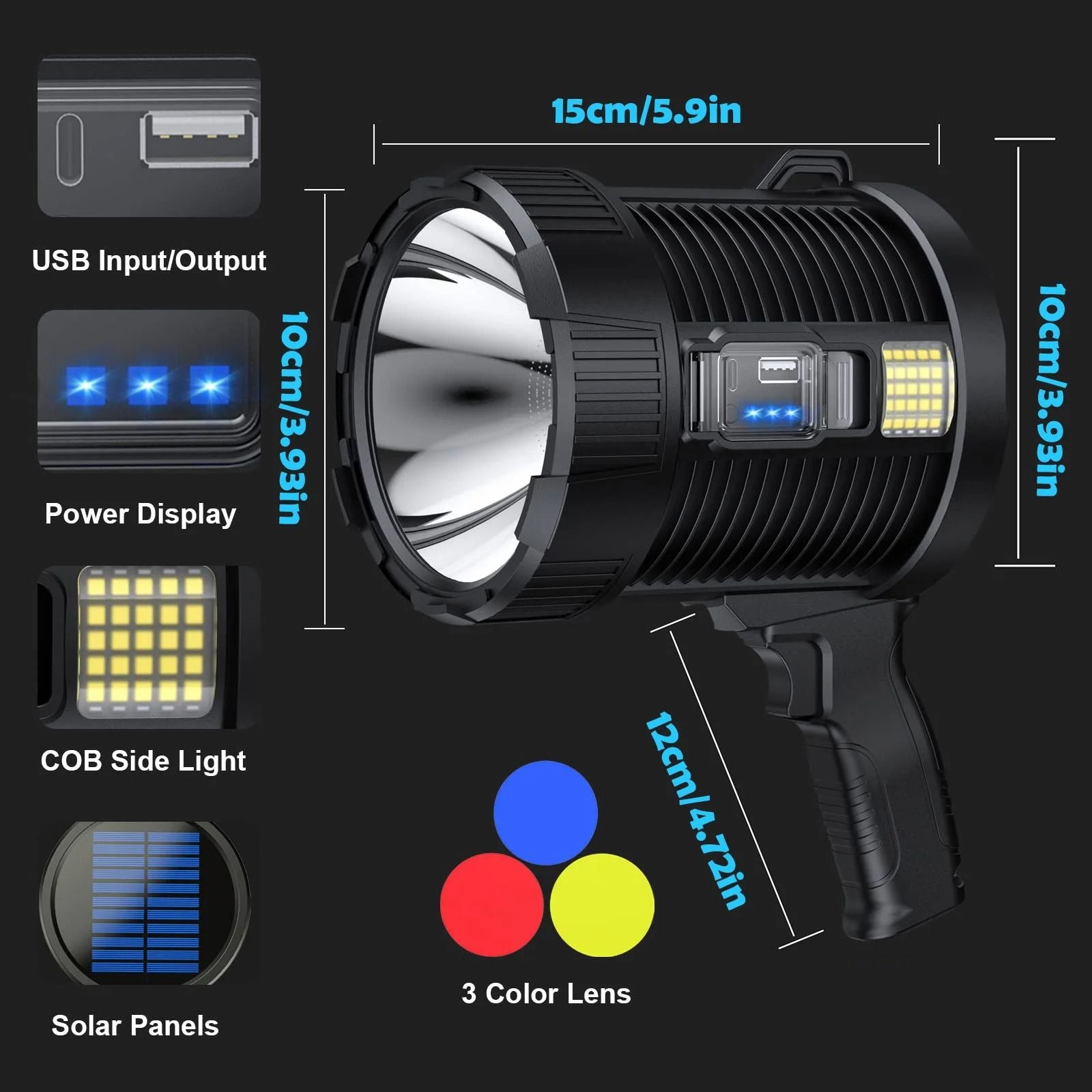 Rechargeable Spotlight 900000 Lumens LED Handheld Flashlight With Solar Charging 8