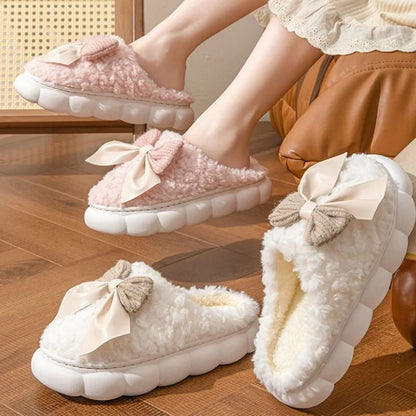 Women Winter Warm Plush Slippers with Bow