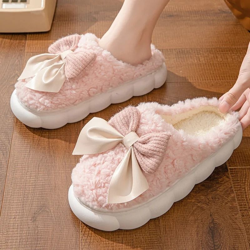 Women Winter Warm Plush Slippers With Bow 6
